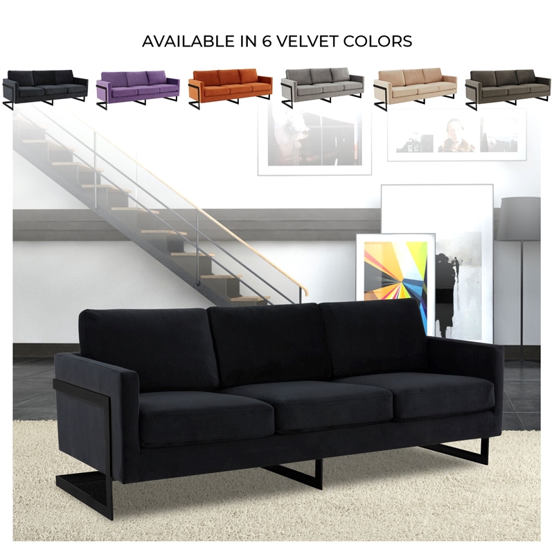 3-Seater Upholstered Velvet Sofa with Black Stainless-Steel Base in Black