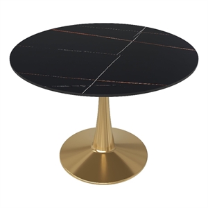 Round Dining Table 40&quot Sintered Stone Tabletop Gold Steel in Black