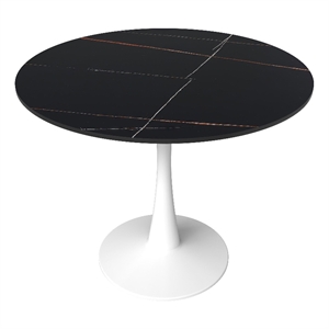 Round Dining Table 35&quot Sintered Stone Tabletop in White Steel in Black