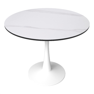 Round Dining Table 35&quot Sintered Stone Tabletop in White Steel in White