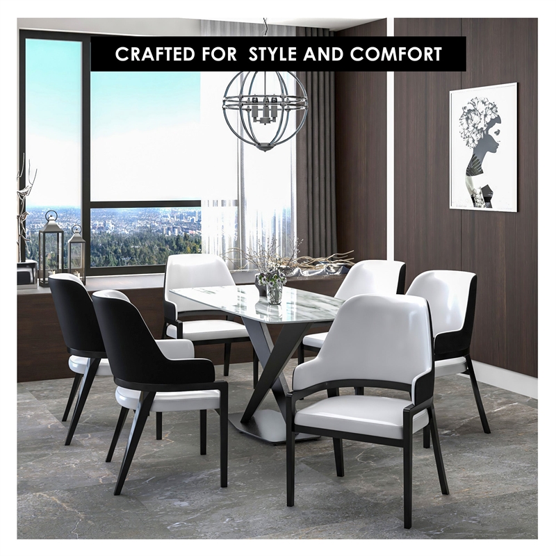 Leather Dining Chair with Curved Open Back and Rubberwood Legs in Black