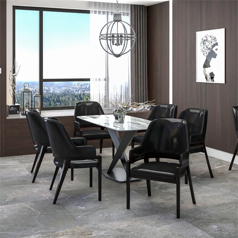 Leather Dining Chair with Curved Open Back and Rubberwood Legs in Black