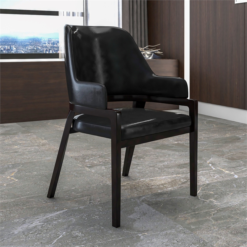 Leather Dining Chair with Curved Open Back and Rubberwood Legs in Black