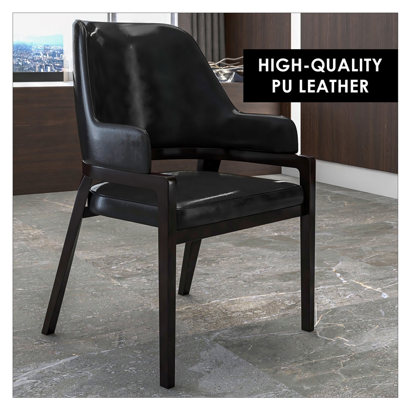 Leather Dining Chair with Curved Open Back and Rubberwood Legs in Black