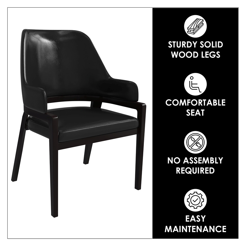 Leather Dining Chair with Curved Open Back and Rubberwood Legs in Black