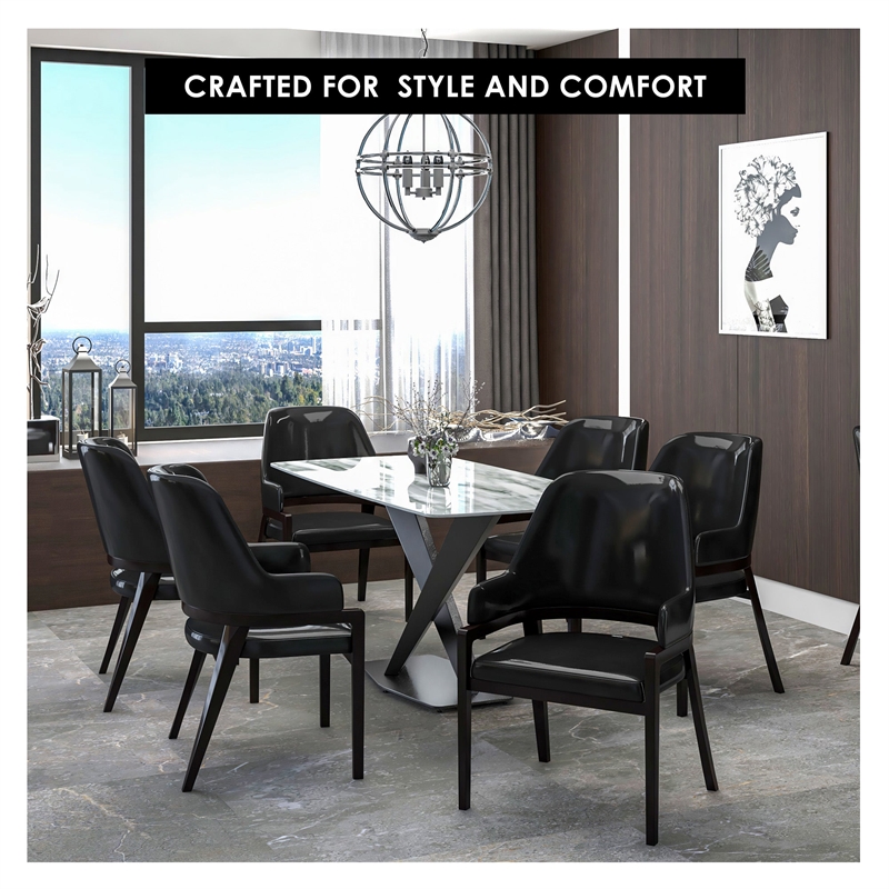 Leather Dining Chair with Curved Open Back and Rubberwood Legs in Black