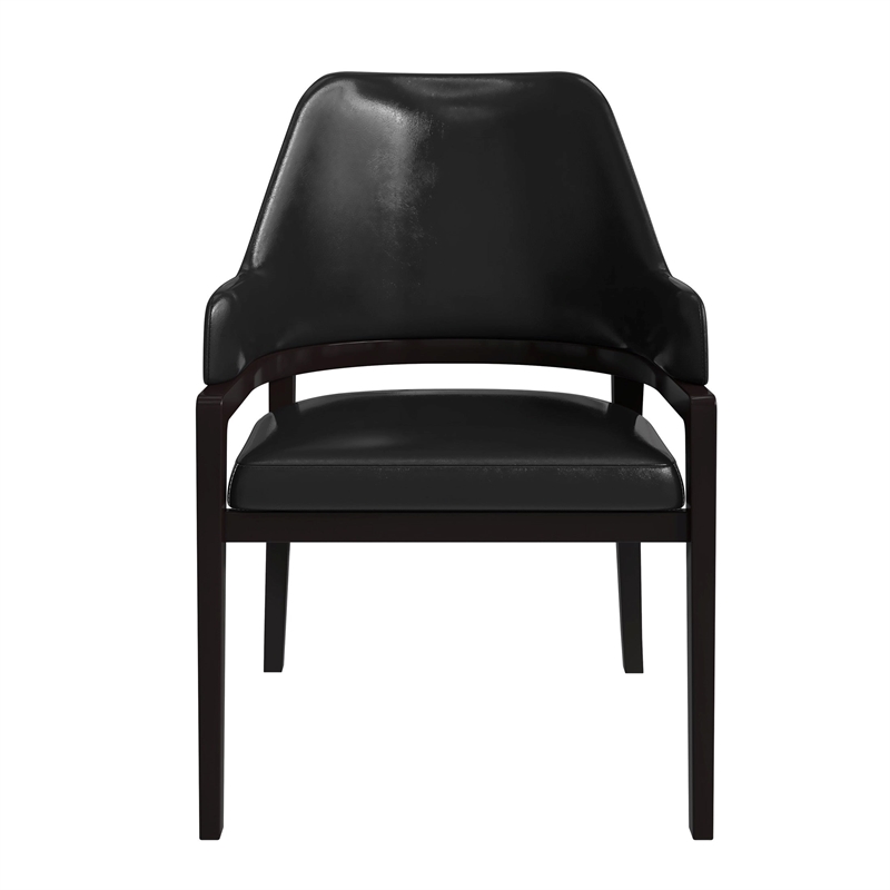 Leather Dining Chair with Curved Open Back and Rubberwood Legs in Black
