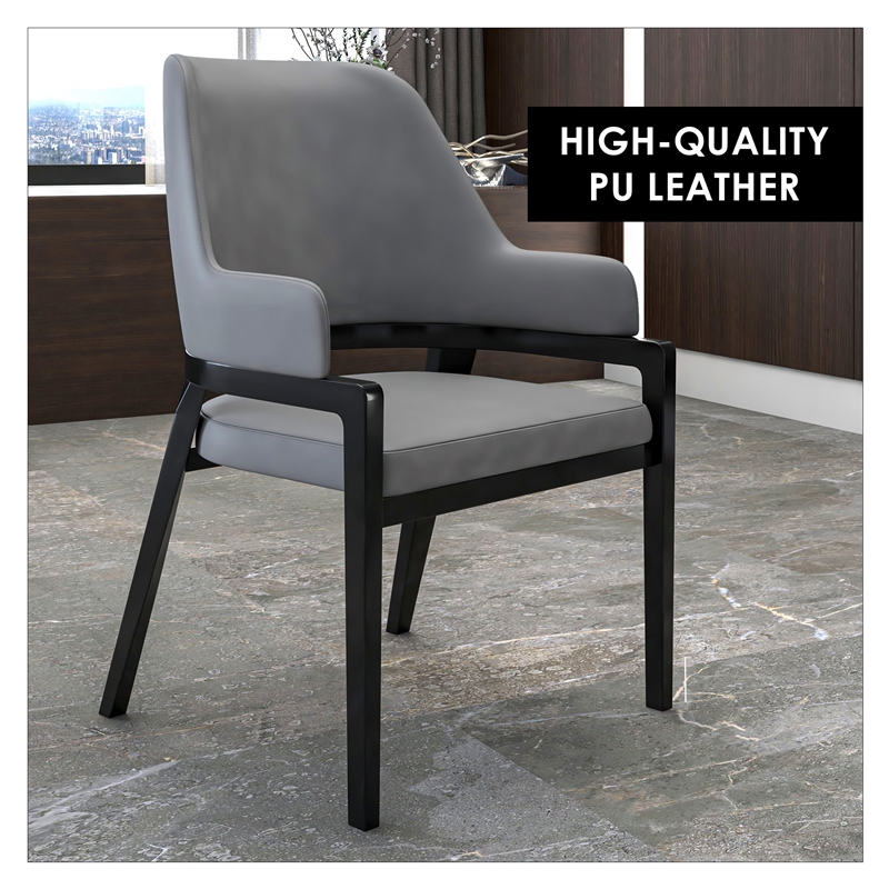Leather Dining Chair with Curved Open Back and Rubberwood Legs in Gray