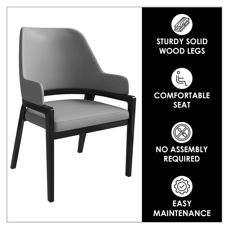 Leather Dining Chair with Curved Open Back and Rubberwood Legs in Gray