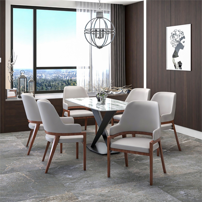 Leather Dining Chair with Curved Open Back and Rubberwood Legs in Taupe