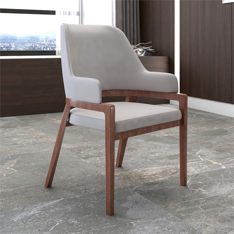 Leather Dining Chair with Curved Open Back and Rubberwood Legs in Taupe