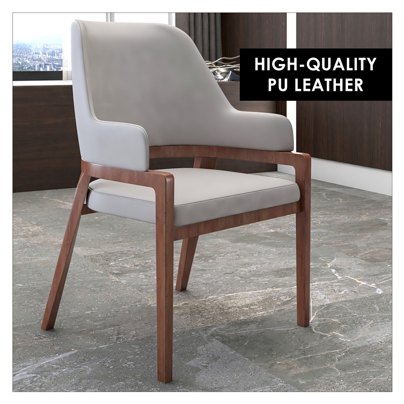 Leather Dining Chair with Curved Open Back and Rubberwood Legs in Taupe