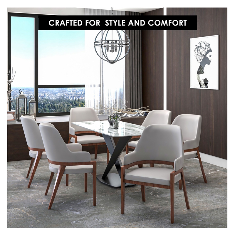 Leather Dining Chair with Curved Open Back and Rubberwood Legs in Taupe