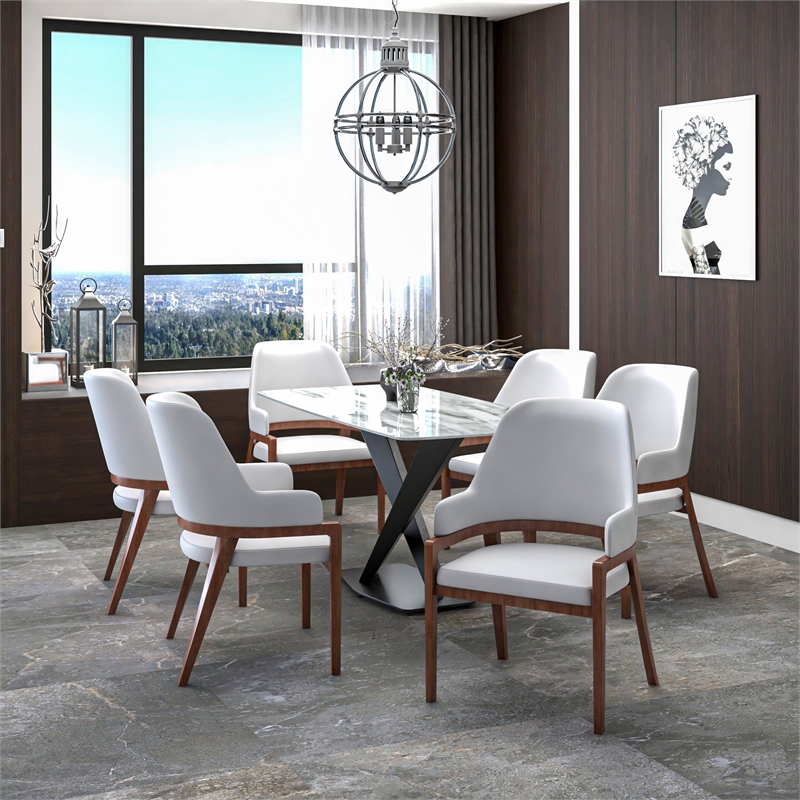 Leather Dining Chair with Curved Open Back and Rubberwood Legs in White