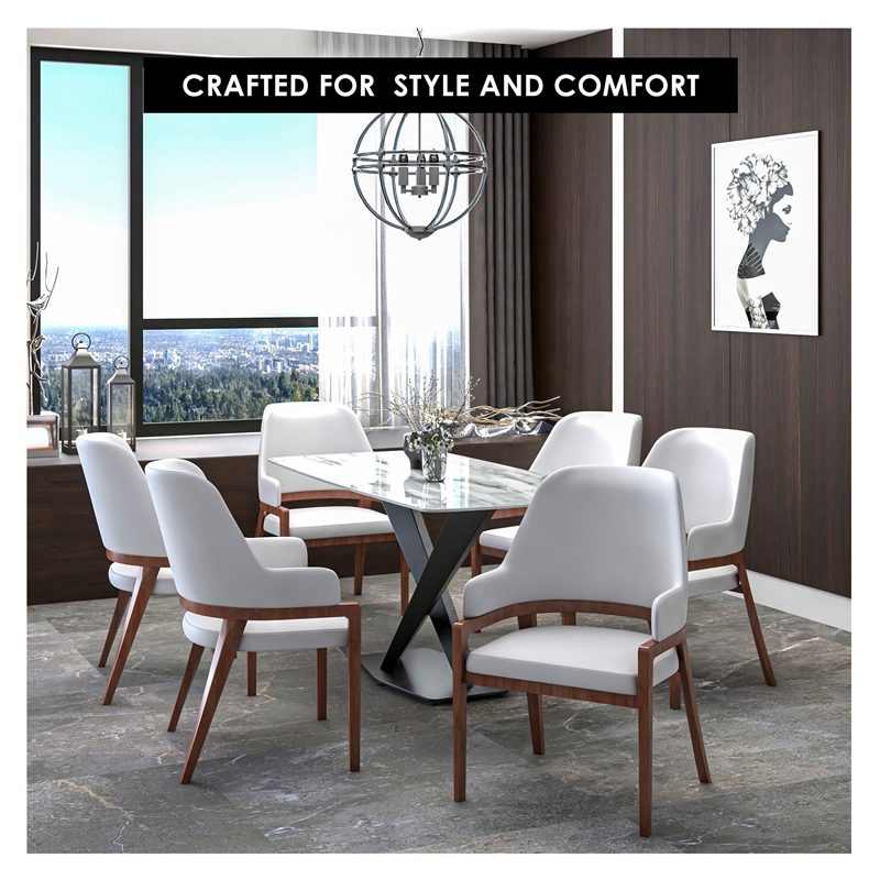 Leather Dining Chair with Curved Open Back and Rubberwood Legs in White