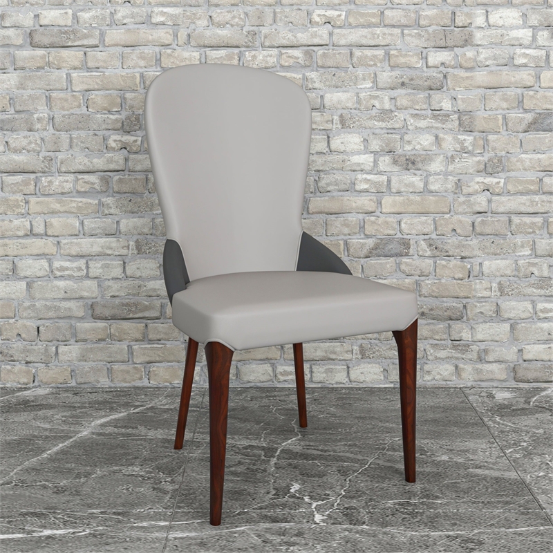 Leather Dining Chair Kitchen Accent Side Chair with Rubberwood Legs in Gray