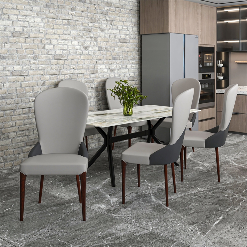 Leather Dining Chair Kitchen Accent Side Chair with Rubberwood Legs in Gray