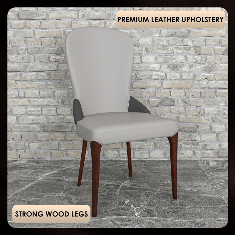 Leather Dining Chair Kitchen Accent Side Chair with Rubberwood Legs in Gray