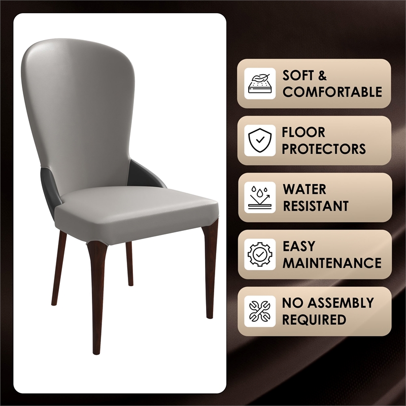 Leather Dining Chair Kitchen Accent Side Chair with Rubberwood Legs in Gray