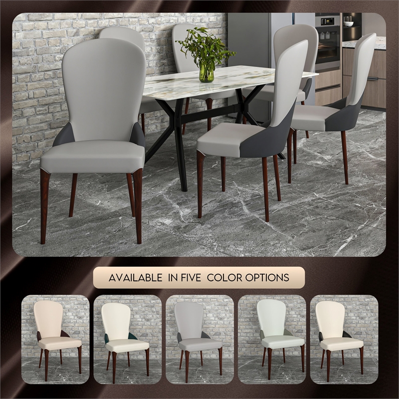Leather Dining Chair Kitchen Accent Side Chair with Rubberwood Legs in Gray