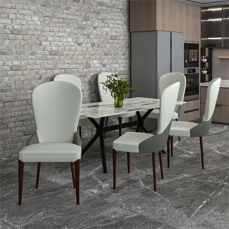 Leather Dining Chair Kitchen Accent Side Chair with Rubberwood Legs in Taupe