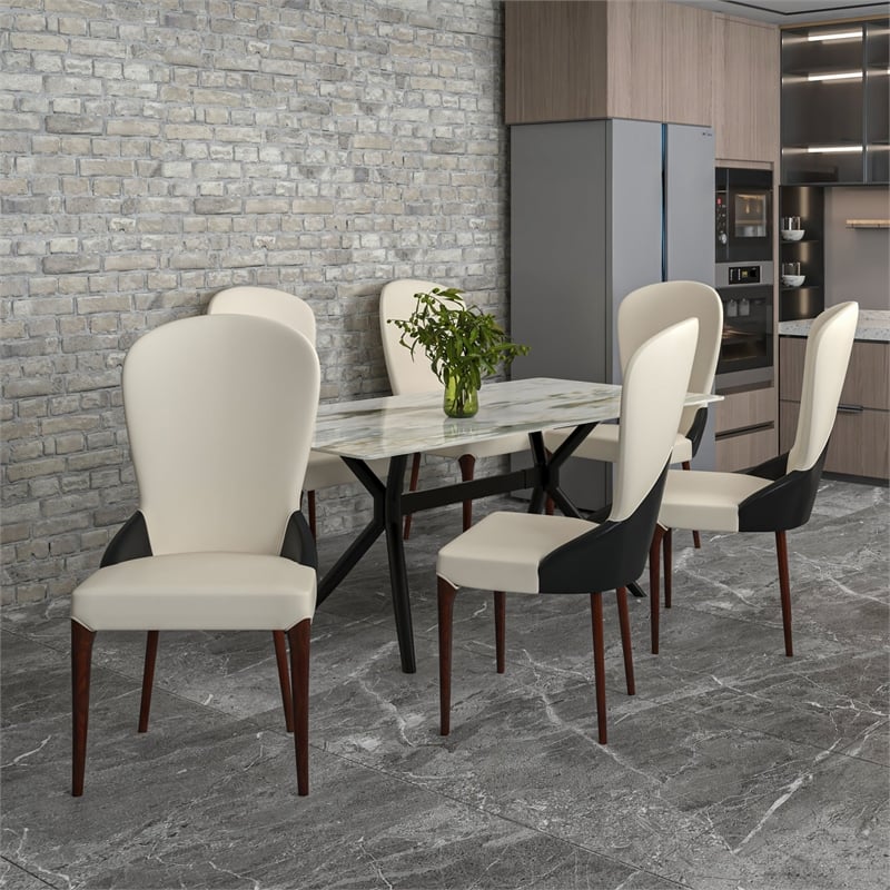 Leather Dining Chair Kitchen Accent Side Chair with Rubberwood Legs in Black