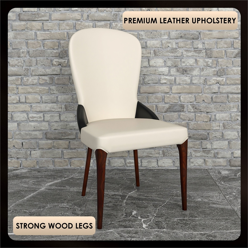 Leather Dining Chair Kitchen Accent Side Chair with Rubberwood Legs in Black