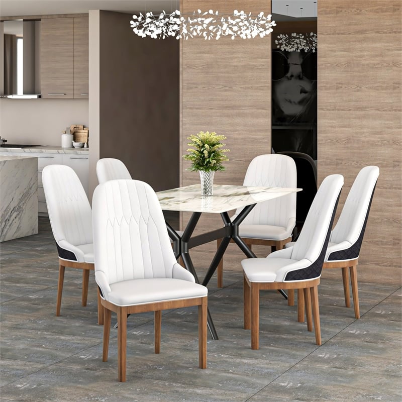 Leather Dining Chair with Rubberwood Legs and Diamond Stitching Back in Black