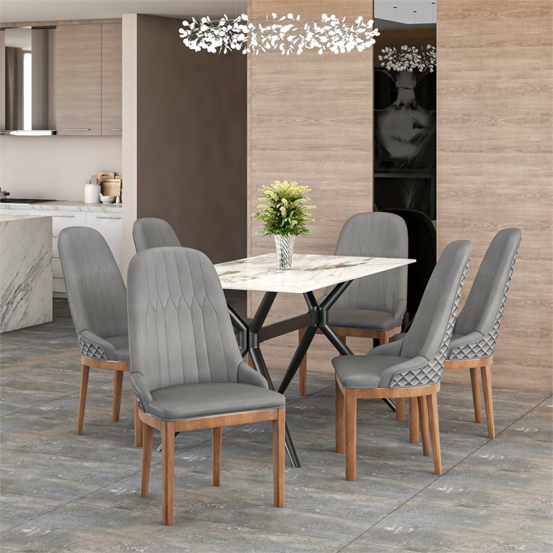 Leather Dining Chair with Rubberwood Legs and Diamond Stitching Back in Gray