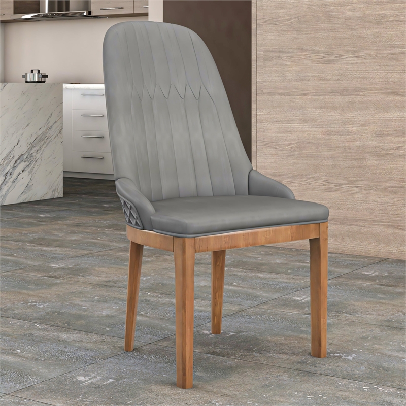 Leather Dining Chair with Rubberwood Legs and Diamond Stitching Back in Gray