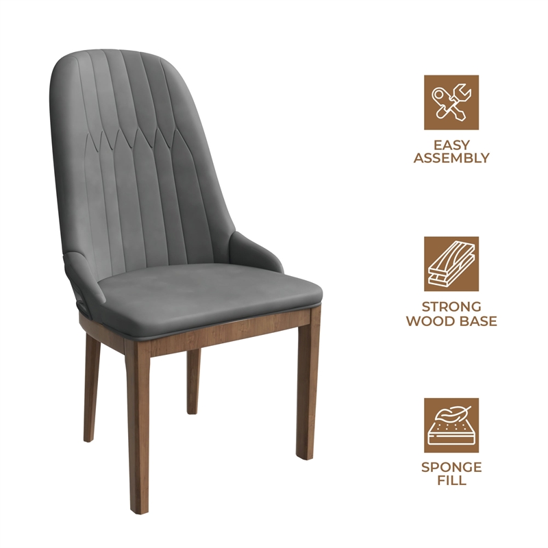 Leather Dining Chair with Rubberwood Legs and Diamond Stitching Back in Gray