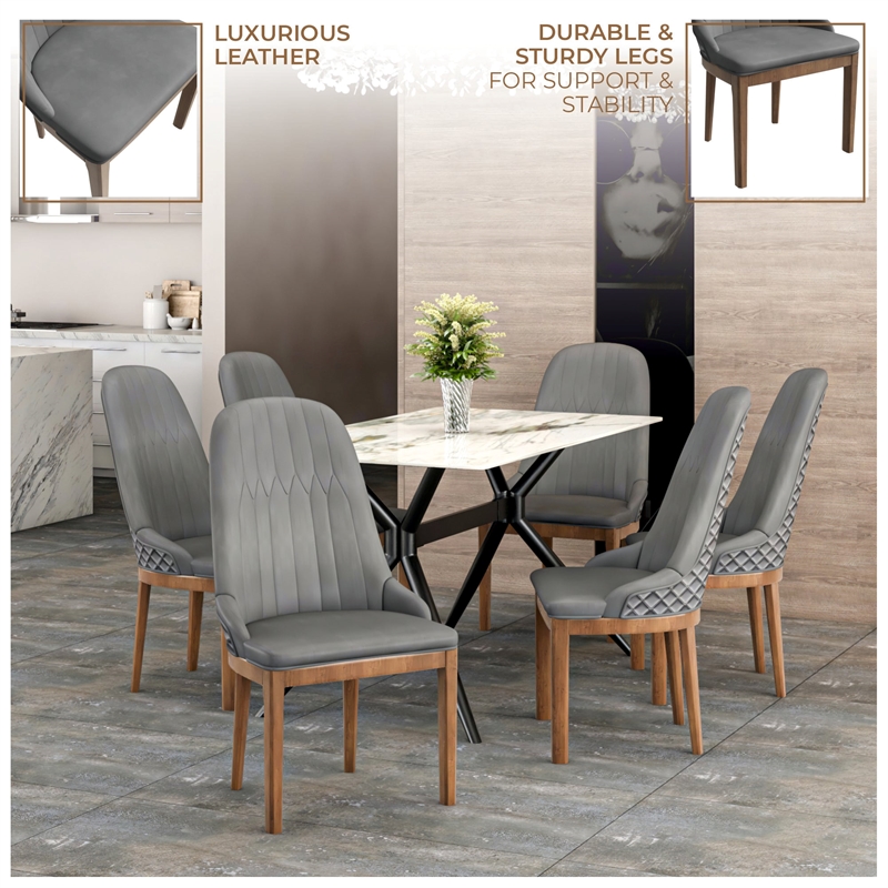 Leather Dining Chair with Rubberwood Legs and Diamond Stitching Back in Gray
