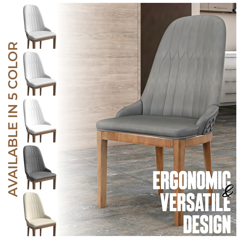 Leather Dining Chair with Rubberwood Legs and Diamond Stitching Back in Gray