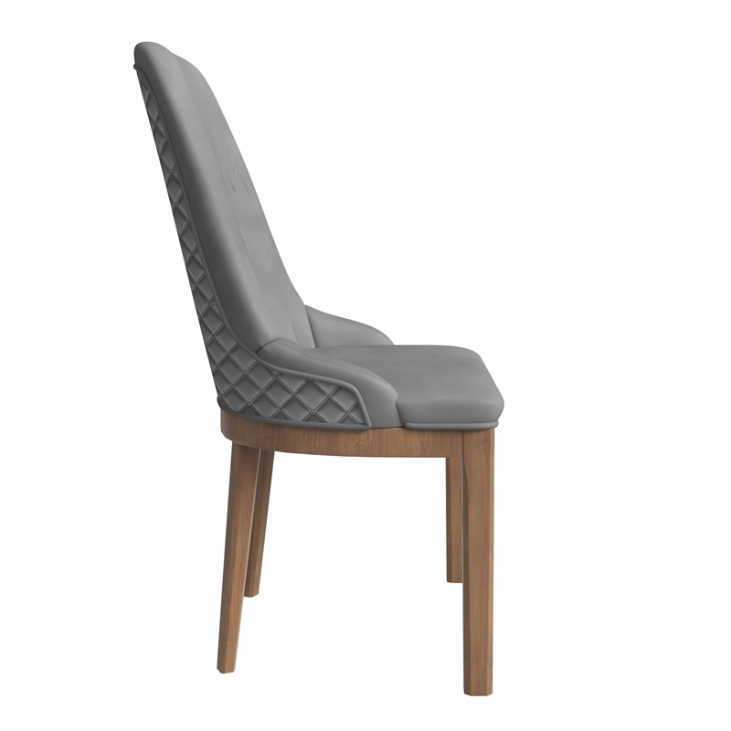 Leather Dining Chair with Rubberwood Legs and Diamond Stitching Back in Gray
