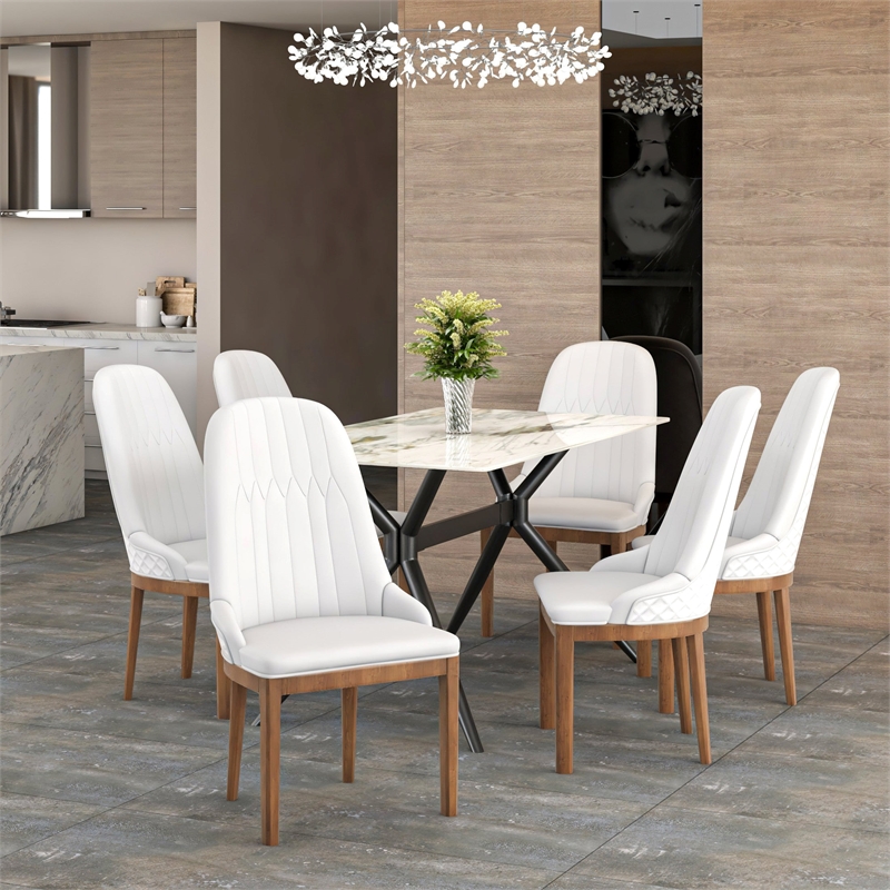Leather Dining Chair with Rubberwood Legs and Diamond Stitching Back in White
