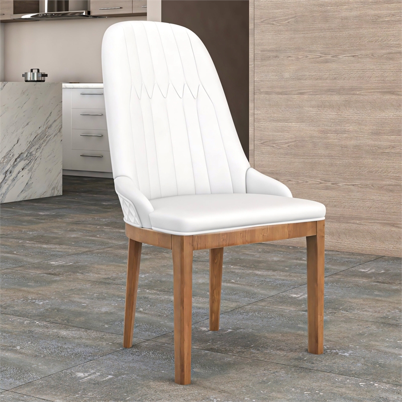 Leather Dining Chair with Rubberwood Legs and Diamond Stitching Back in White
