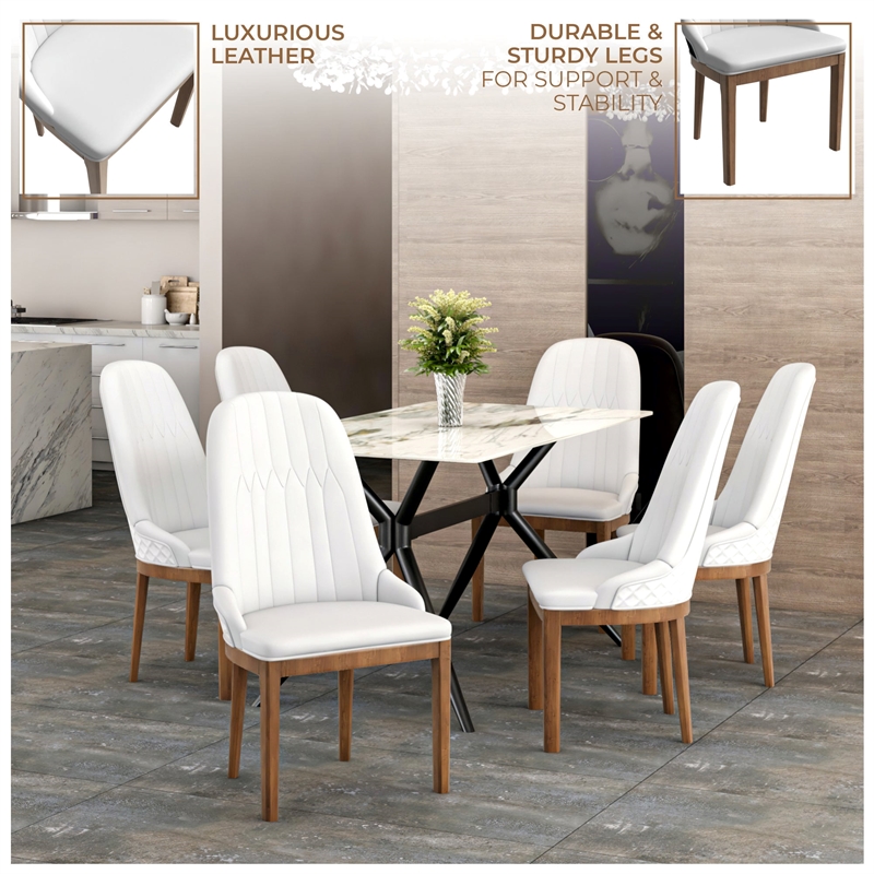 Leather Dining Chair with Rubberwood Legs and Diamond Stitching Back in White