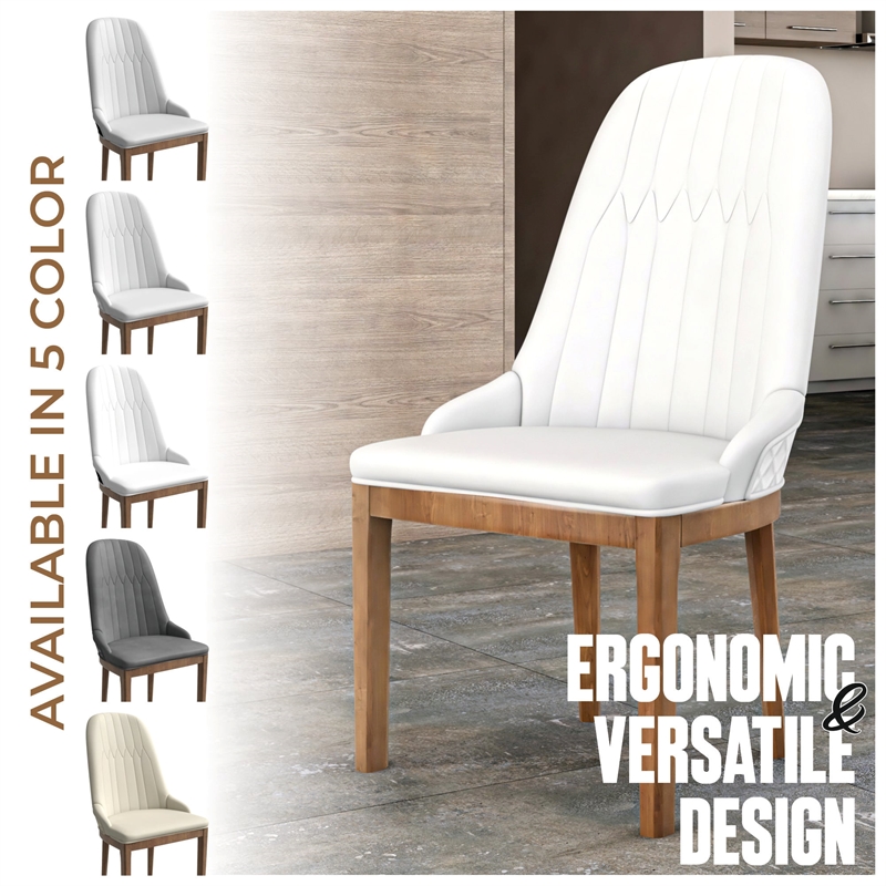 Leather Dining Chair with Rubberwood Legs and Diamond Stitching Back in White