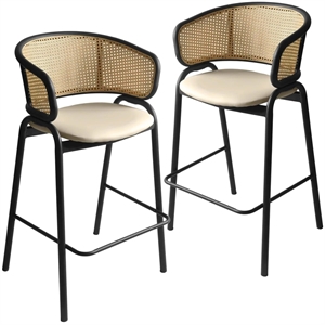 Ervilla Wicker Back and Leather Upholstered Bar Stool in Beige/Black (Set of 2)