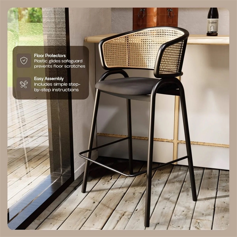 Ervilla Wicker Back and Leather Upholstered Bar Stool in Black/Black (Set of 2)