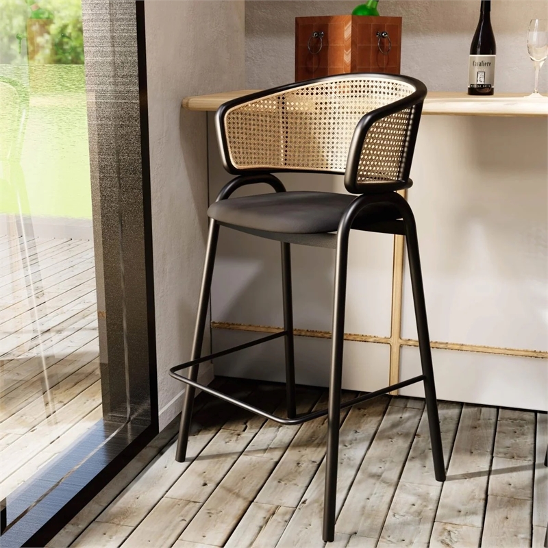 Ervilla Wicker Back and Leather Upholstered Bar Stool in Black/Black (Set of 2)