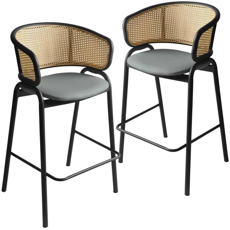 Ervilla Wicker Back and Leather Upholstered Bar Stool in Gray/Black (Set of 2)