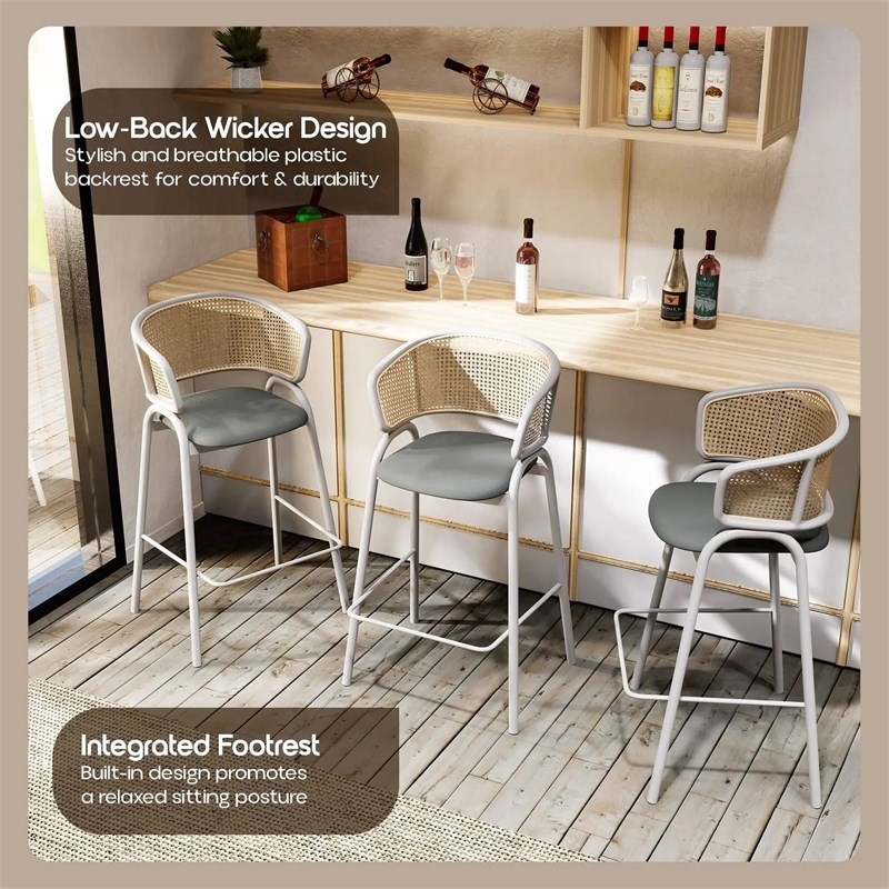 Ervilla Wicker Back and Leather Upholstered Bar Stool in Gray/White (Set of 2)