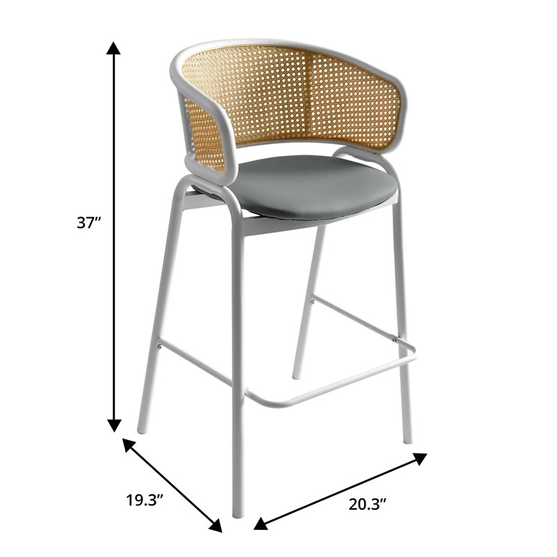 Ervilla Wicker Back and Leather Upholstered Bar Stool in Gray/White (Set of 2)