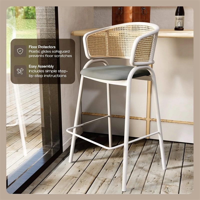 Ervilla Wicker Back and Leather Upholstered Bar Stool in Gray/White (Set of 2)