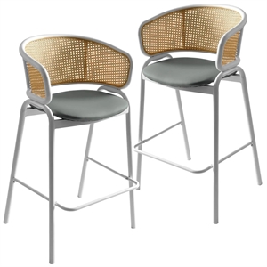 Ervilla Wicker Back and Leather Upholstered Bar Stool in Gray/White (Set of 2)