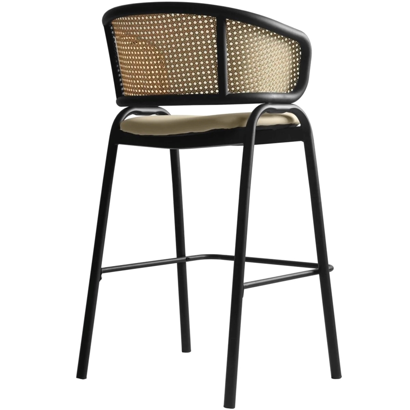 Ervilla Wicker Back and Leather Upholstered Bar Stool in Taupe/Black (Set of 2)