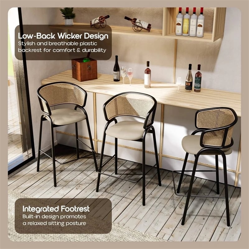 Ervilla Wicker Back and Leather Upholstered Bar Stool in Taupe/Black (Set of 2)