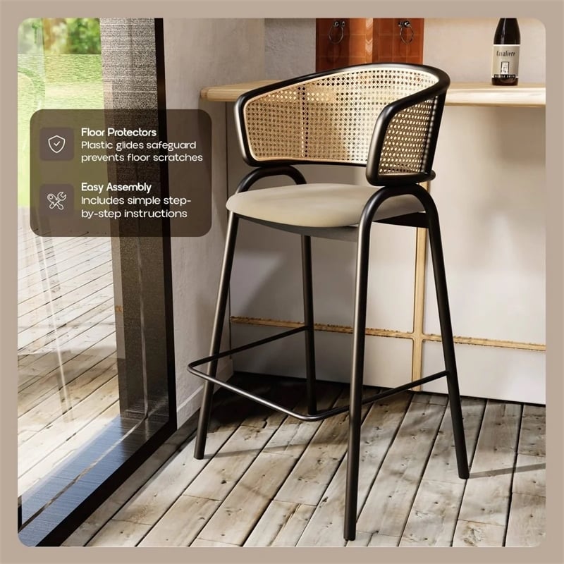 Ervilla Wicker Back and Leather Upholstered Bar Stool in Taupe/Black (Set of 2)