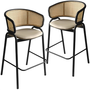 Ervilla Wicker Back and Leather Upholstered Bar Stool in Taupe/Black (Set of 2)